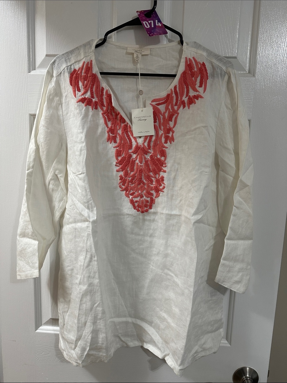 Charter Club White Linen Tunic with Coral Embroidery